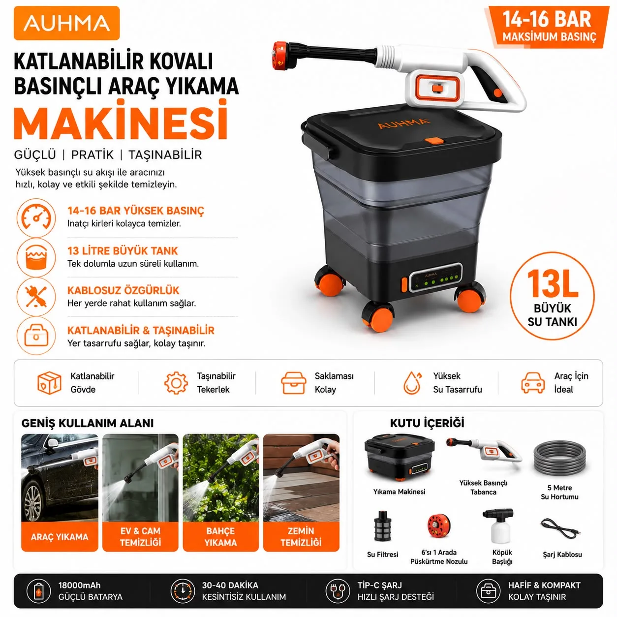 AUHMA Araç Yıkama Makinesi – 13L Kova, 16 Bar – ürün görseli 3