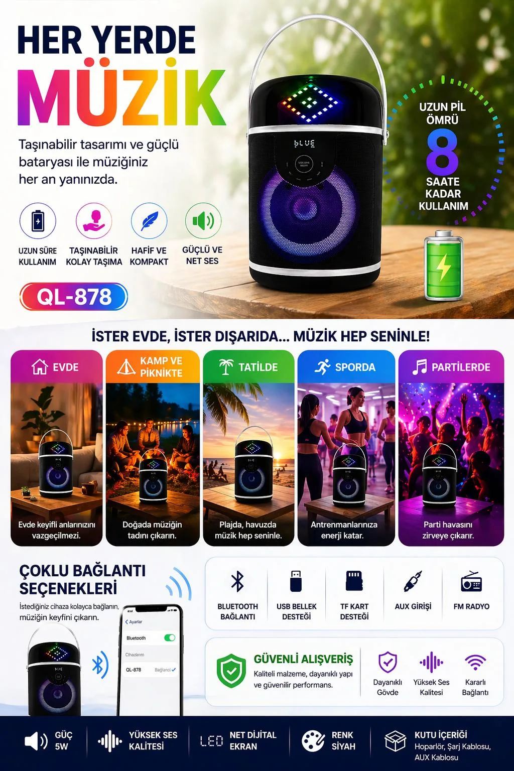 QL-878 Bluetooth Hoparlör – RGB, FM, USB, AUX – ürün görseli 5