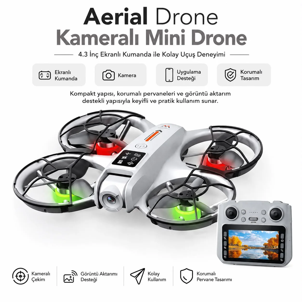 Aerial Mini Drone – 1080P, 4.3 İnç Ekranlı Kumanda