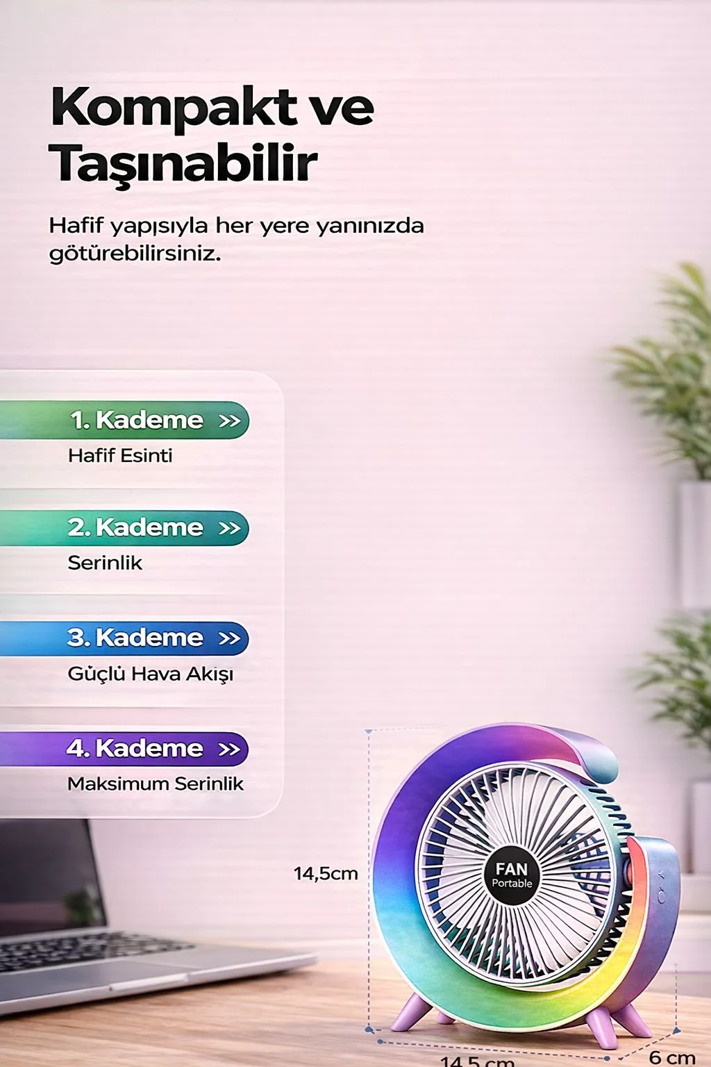 USB Şarjlı Mini Masaüstü Vantilatör – 4 Kademe – ürün görseli 3