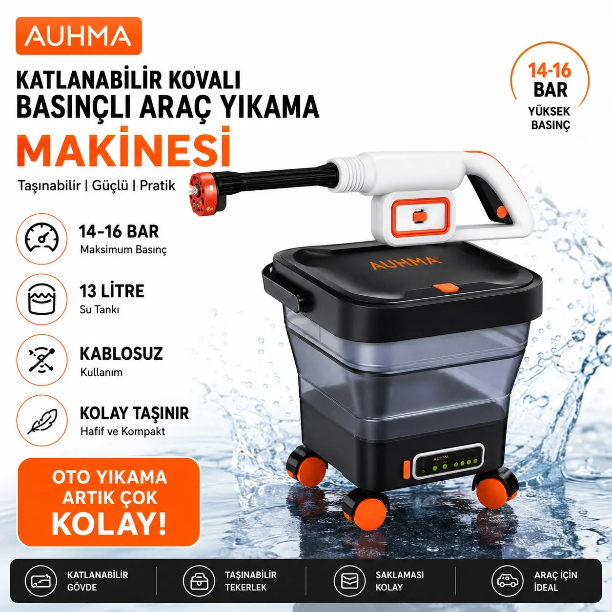 AUHMA Araç Yıkama Makinesi – 13L Kova, 16 Bar
