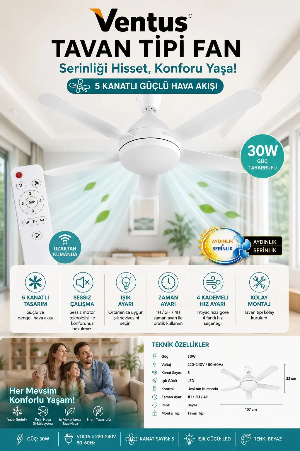 Ventus Tavan Tipi Fan – Kumandalı, LED, 5 Kanat