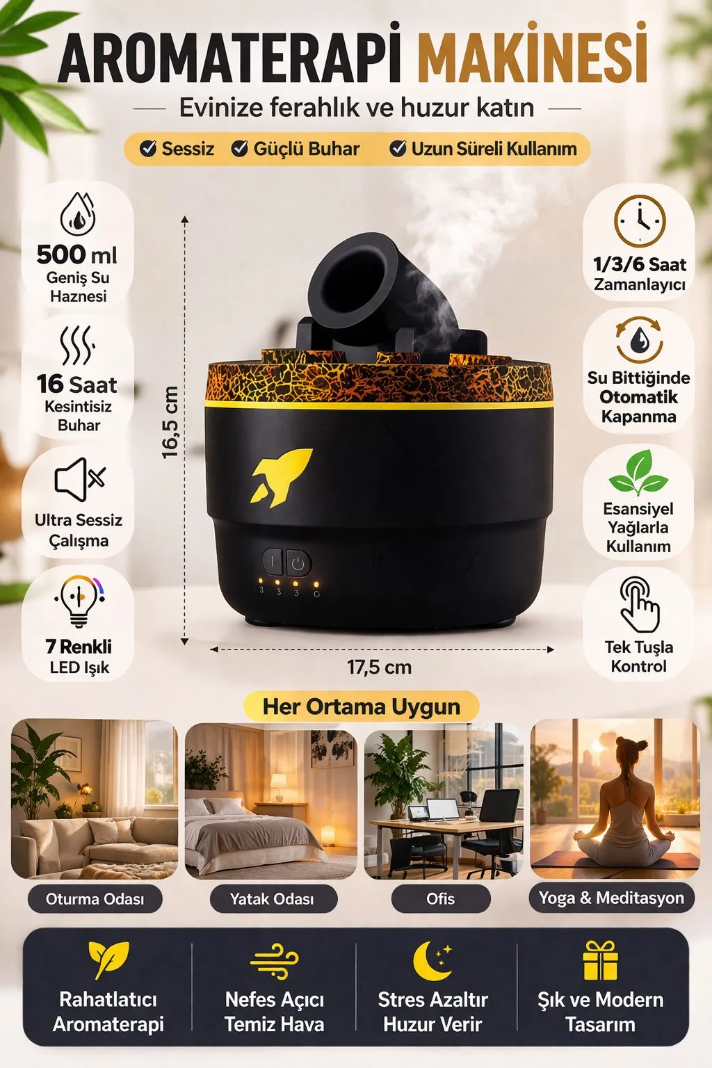 500 ml Aromaterapi Difüzör – LED Işıklı Nemlendirici – ürün görseli 6