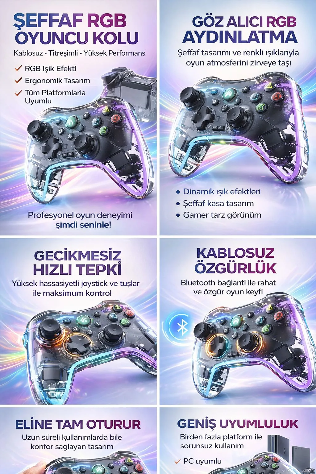 Şeffaf RGB Kablosuz Oyun Kolu – Titreşimli Gamepad – ürün görseli 7