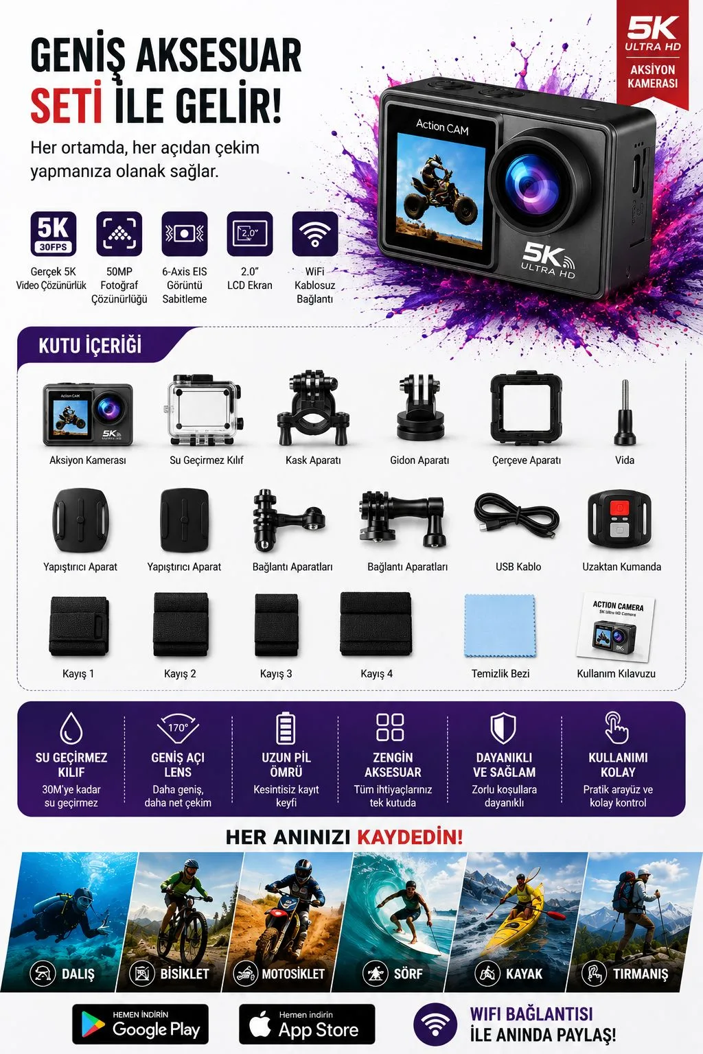 5K Aksiyon Kamerası – WiFi, 50MP, Su Geçirmez Kılıf – ürün görseli 4