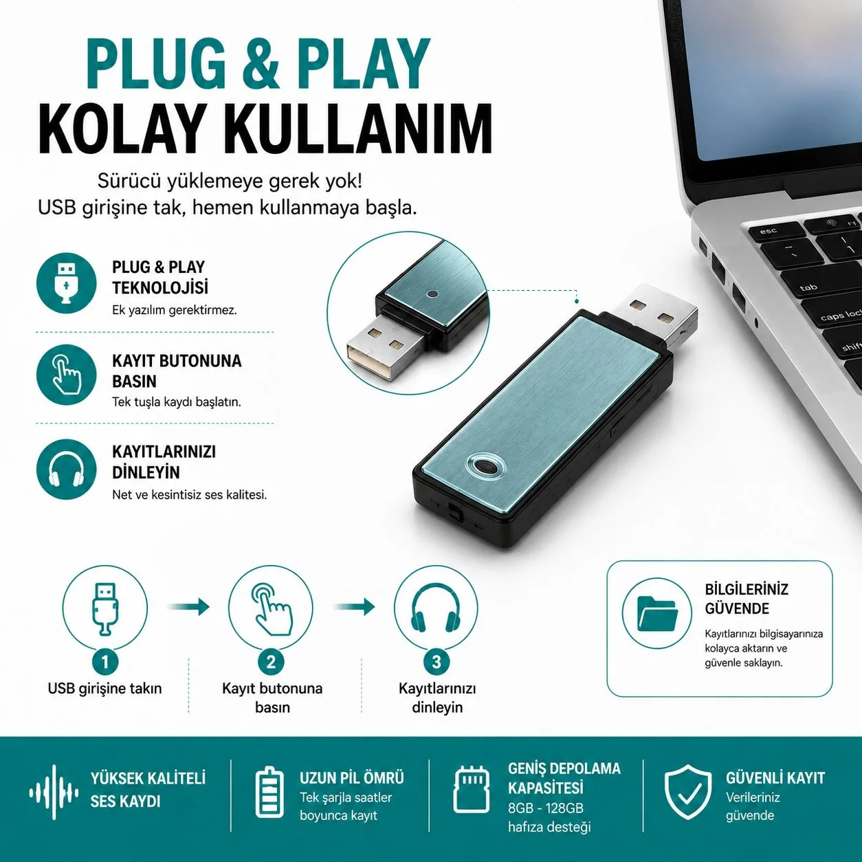 USB Mini Ses Kayıt Cihazı – Dijital Voice Recorder – ürün görseli 6