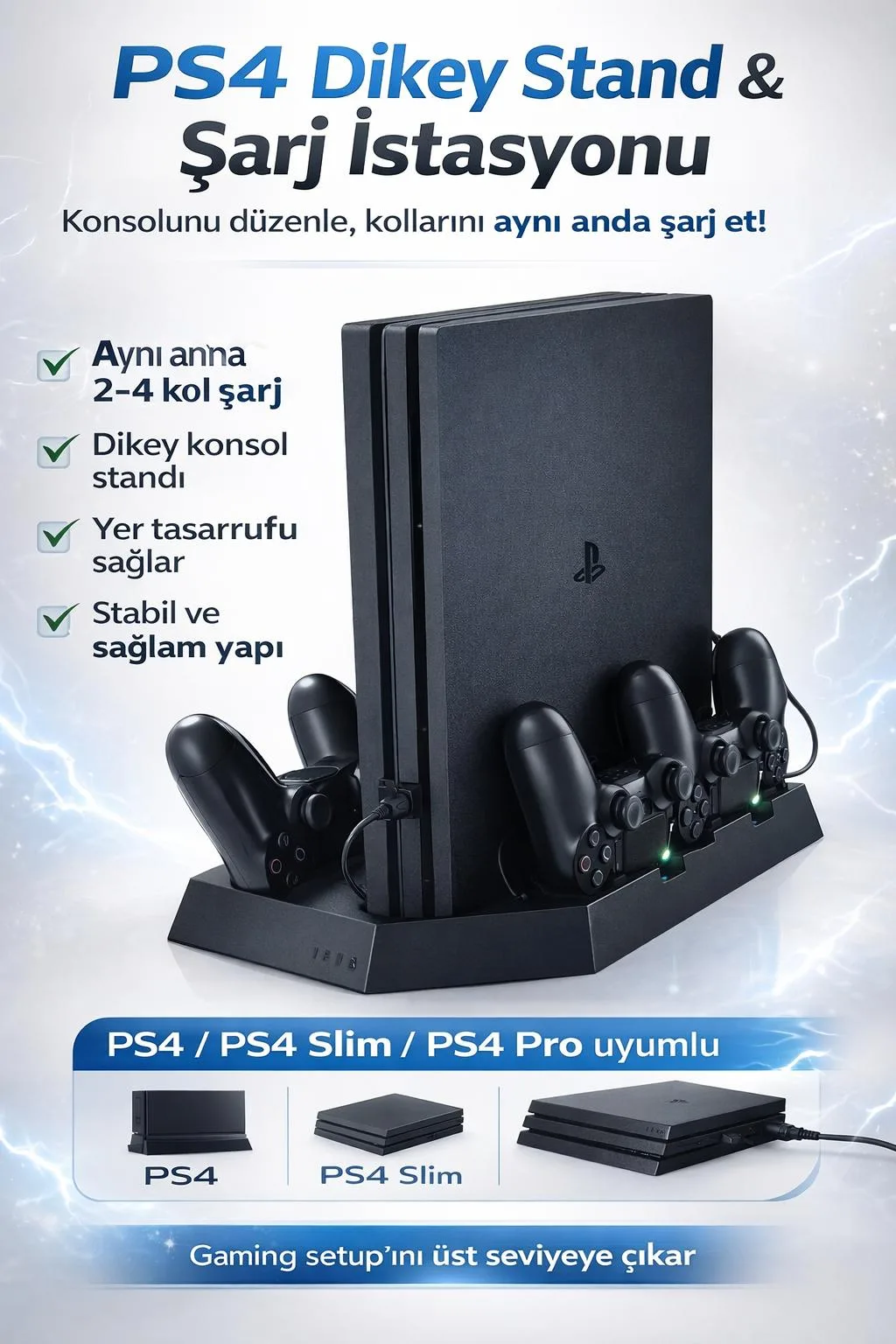 PS4 Dikey Stand ve Şarj İstasyonu – Slim/Pro Uyumlu