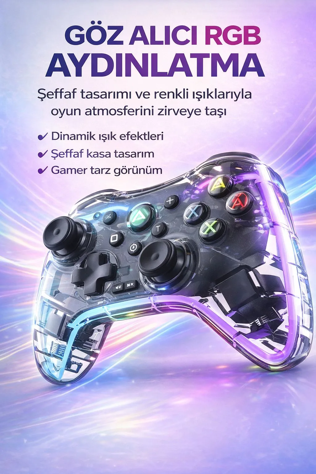 Şeffaf RGB Kablosuz Oyun Kolu – Titreşimli Gamepad – ürün görseli 2