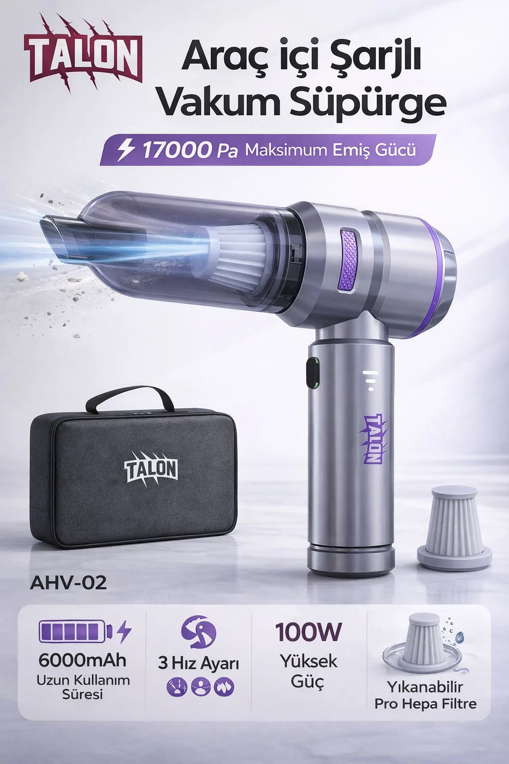 17.000Pa Şarjlı Araç Süpürgesi – 6000mAh, HEPA Filtre