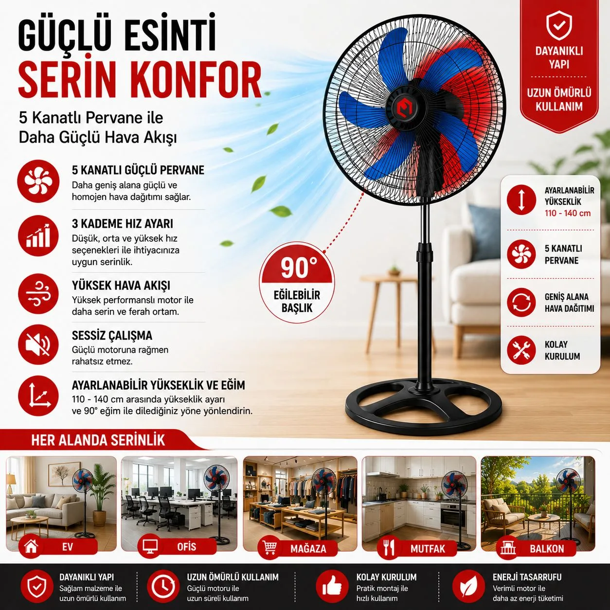 5 Kanatlı Ayaklı Vantilatör – Sessiz, 3 Kademe – ürün görseli 5
