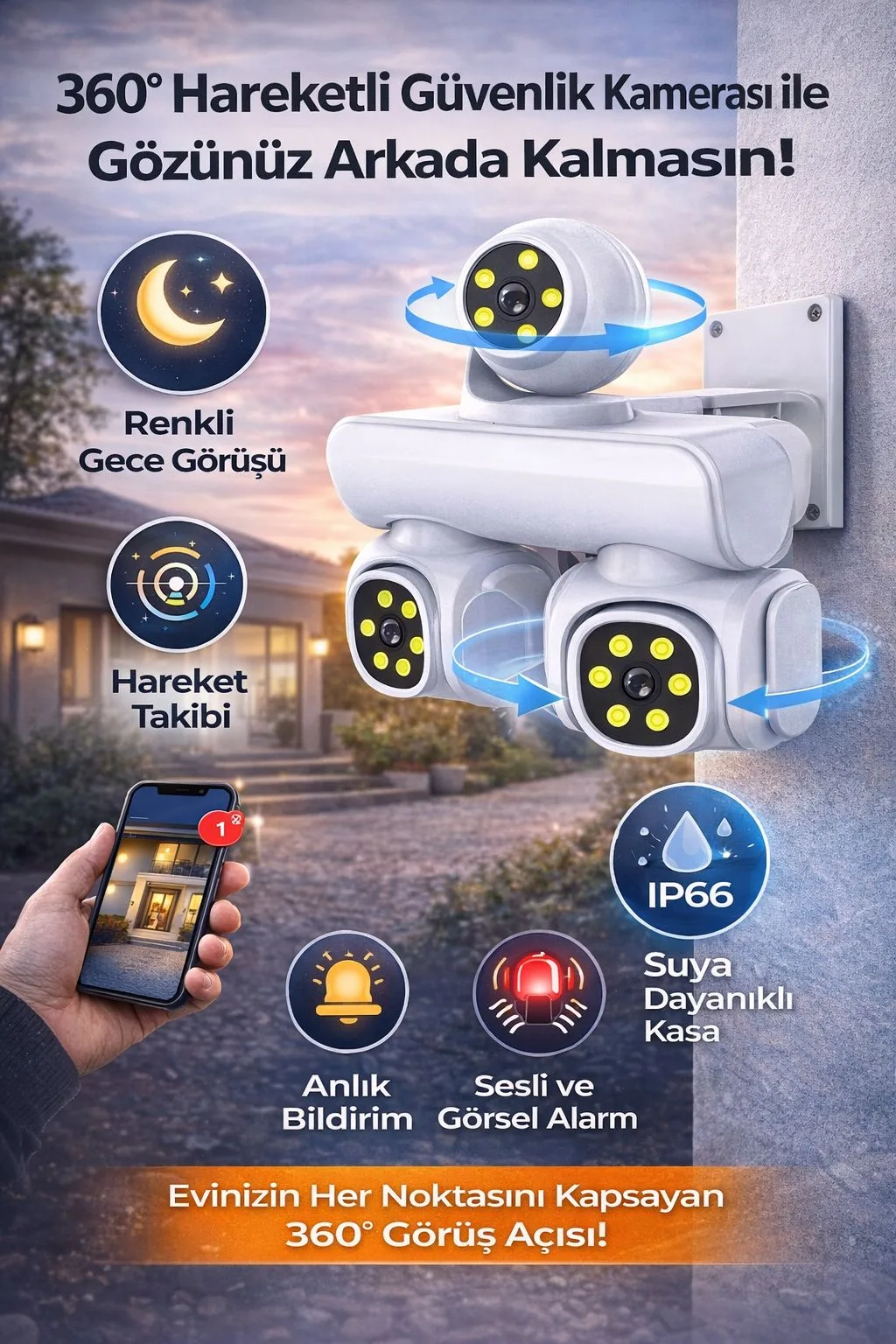 3 Lensli 1080P WiFi Güvenlik Kamerası – IP66 – ürün görseli 3