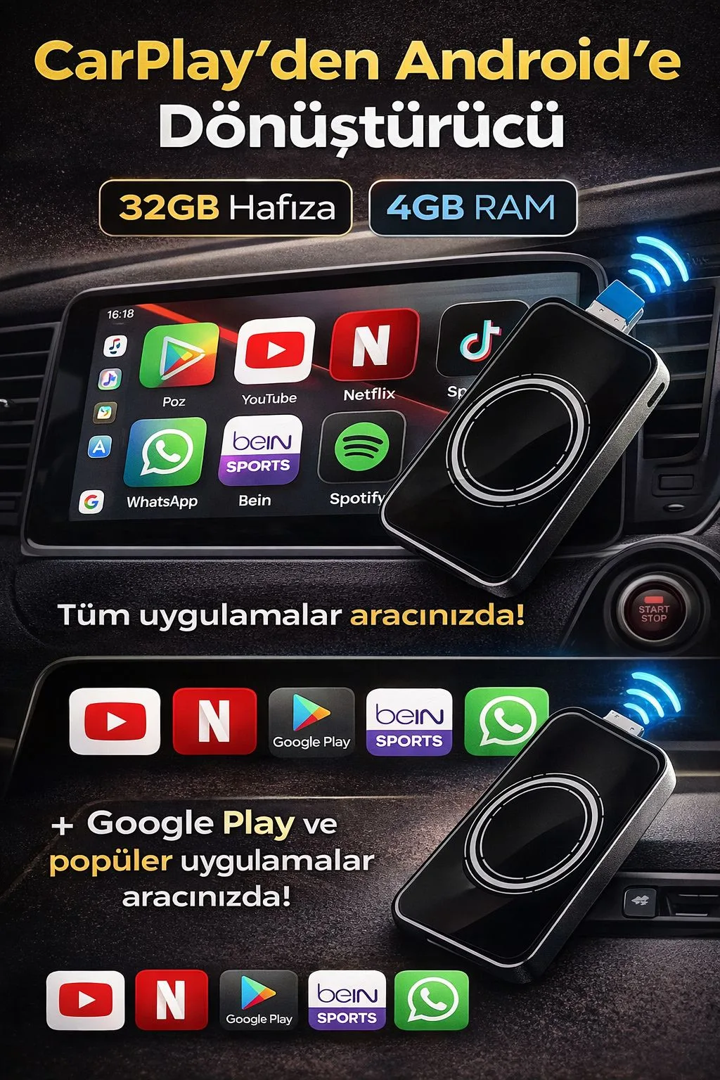 CarPlay Android Box – 4GB RAM, 32GB Depolama