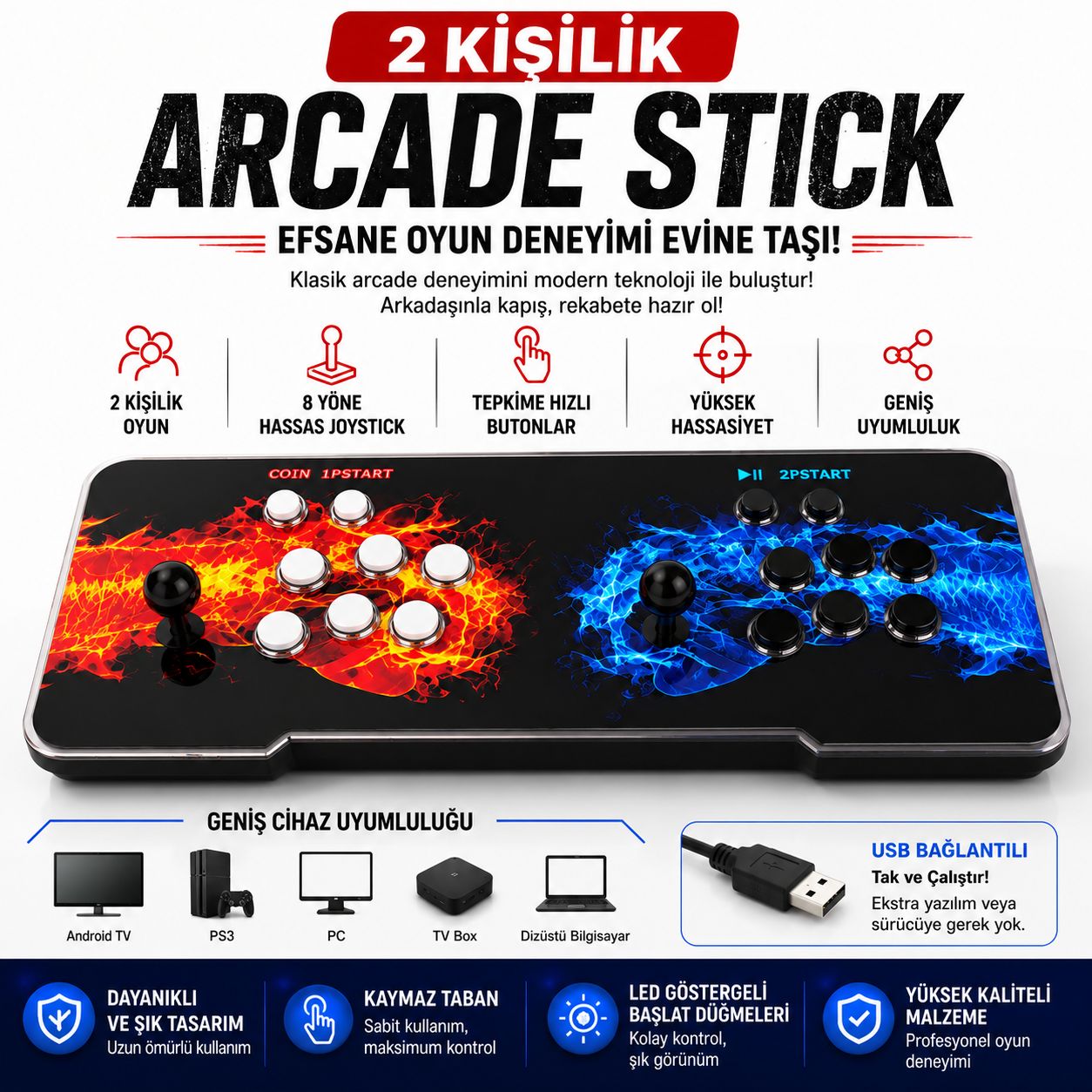 2 Kişilik 2D Arcade Stick Retro Oyun Konsolu USB TV PC Atari Joystick Oyun Kumandası