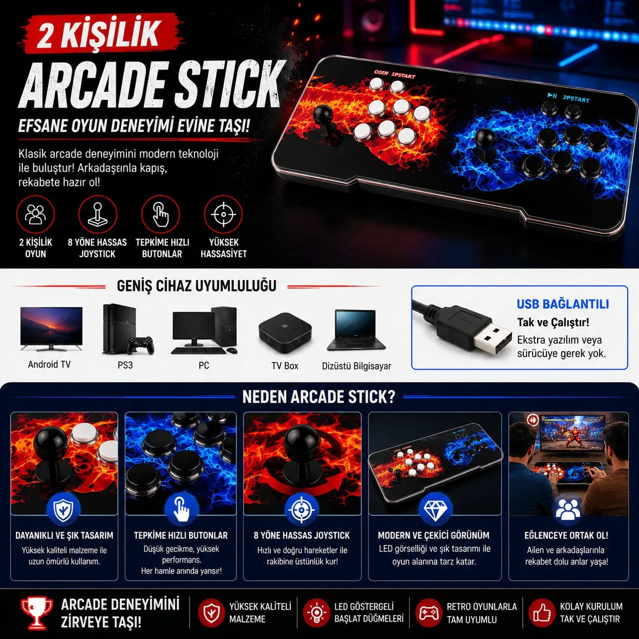 2 Kişilik 2D Arcade Stick – USB, TV ve PC Uyumlu – ürün görseli 5