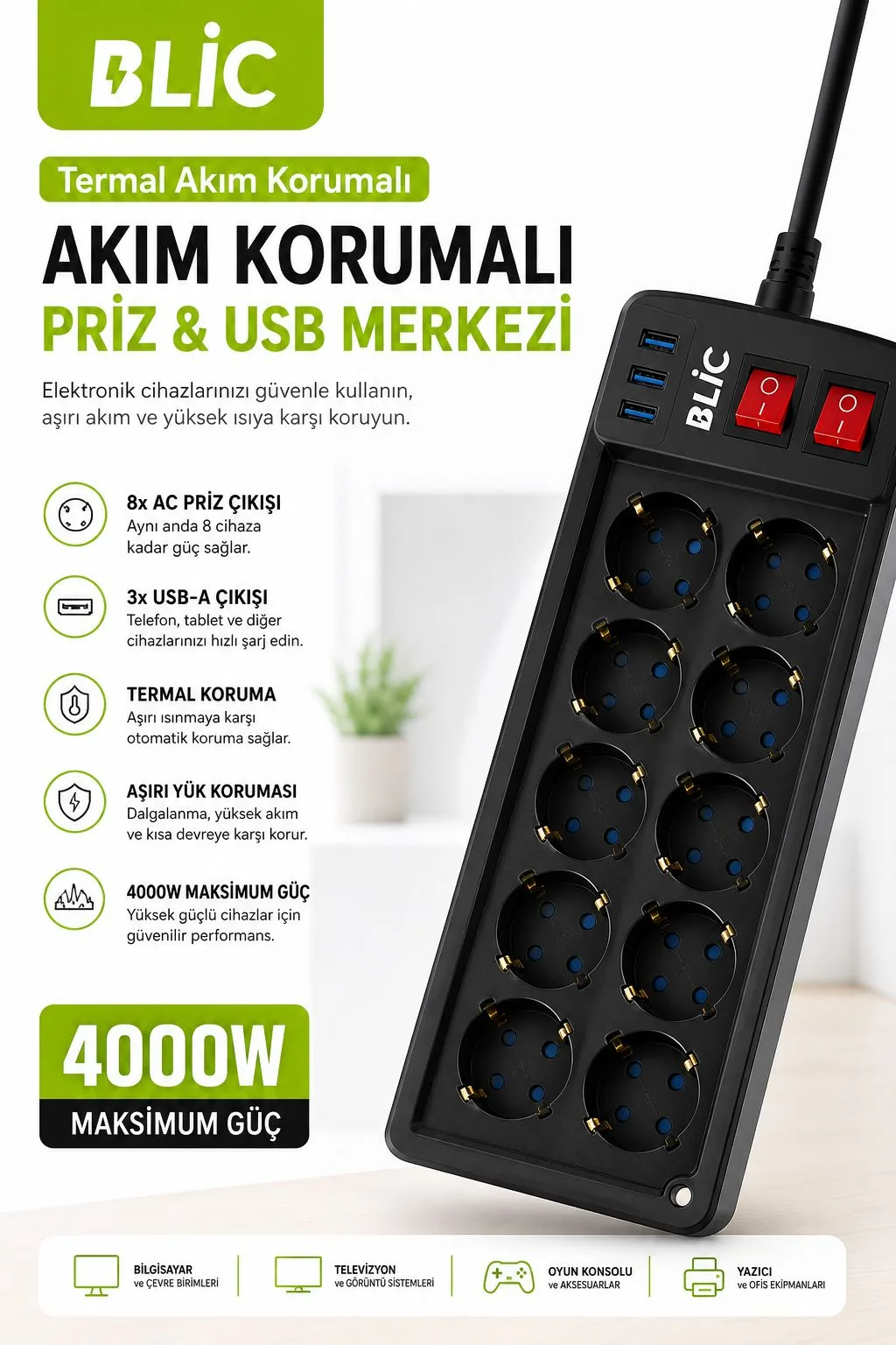 8’li Akım Korumalı Priz – 3 USB, 4000W