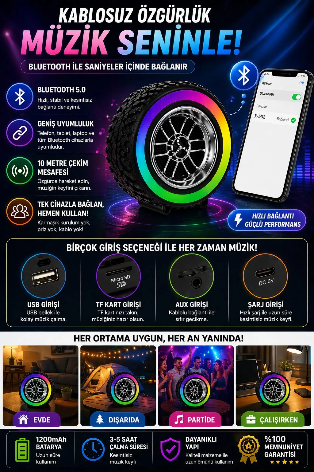 X-502 Mini Bluetooth Hoparlör – RGB, Güçlü Bas – ürün görseli 6