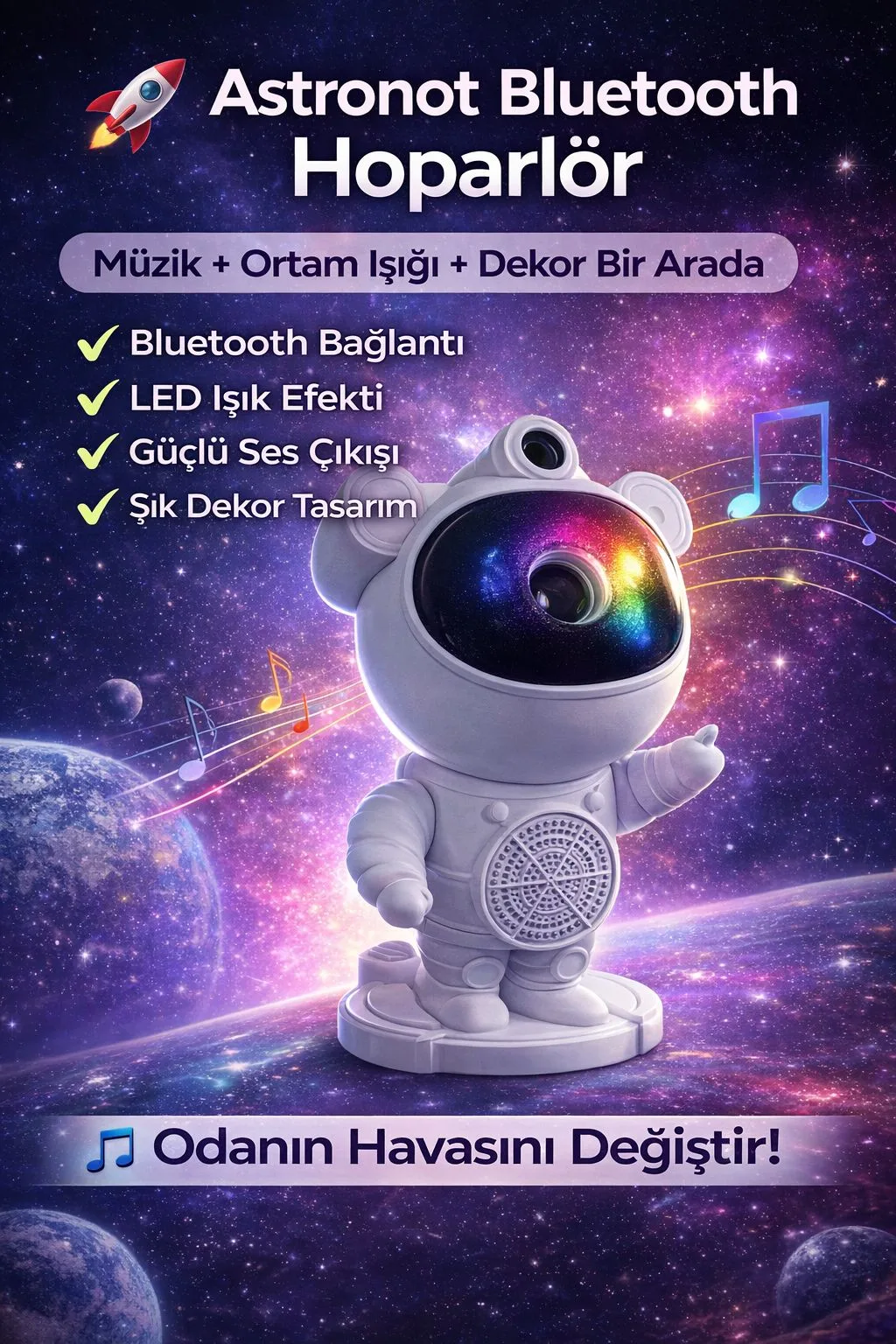 Astronot Bluetooth Hoparlörlü Gece Lambası – LED Işıklı