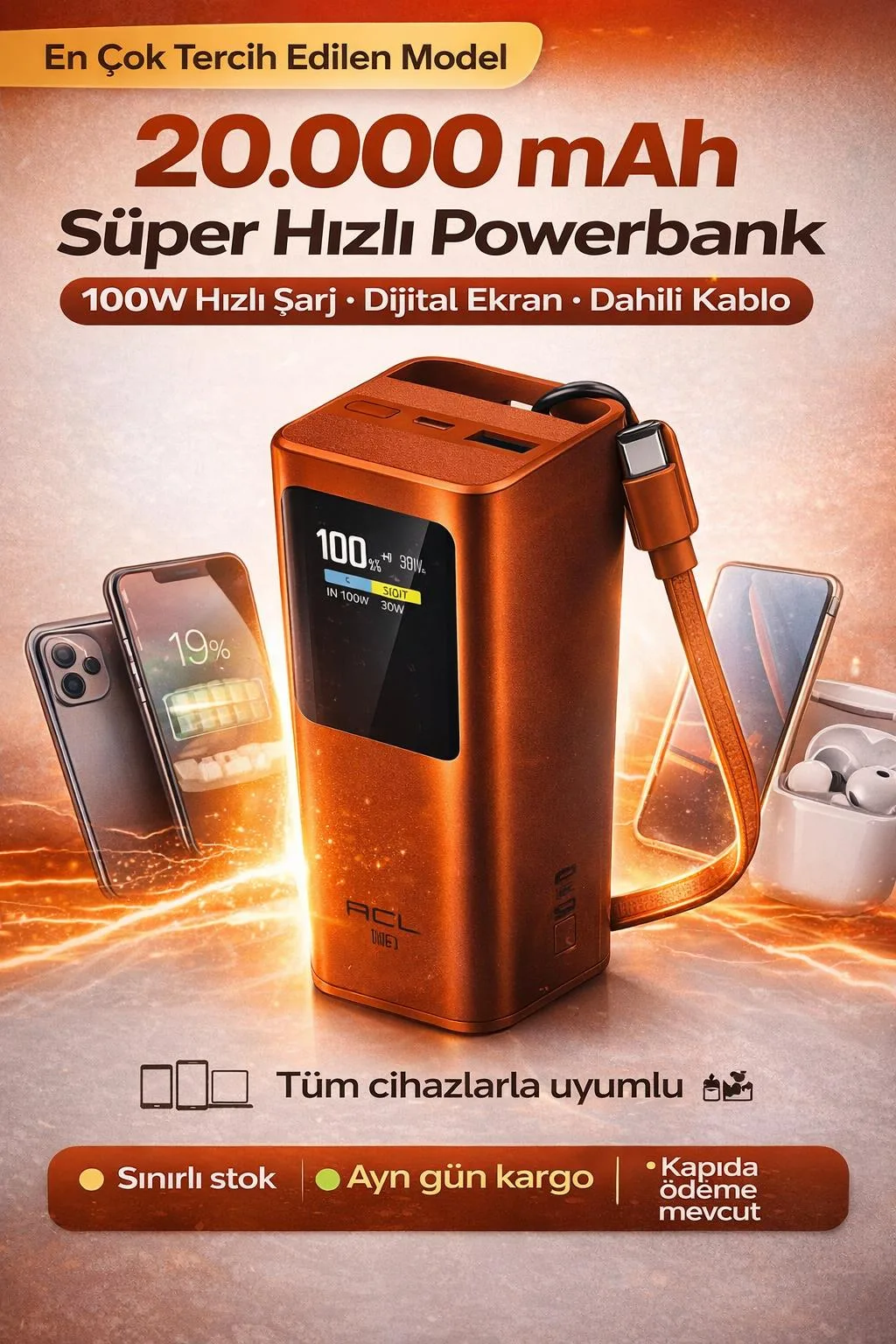 20.000mAh Powerbank – 100W Hızlı Şarj, Dijital Ekran