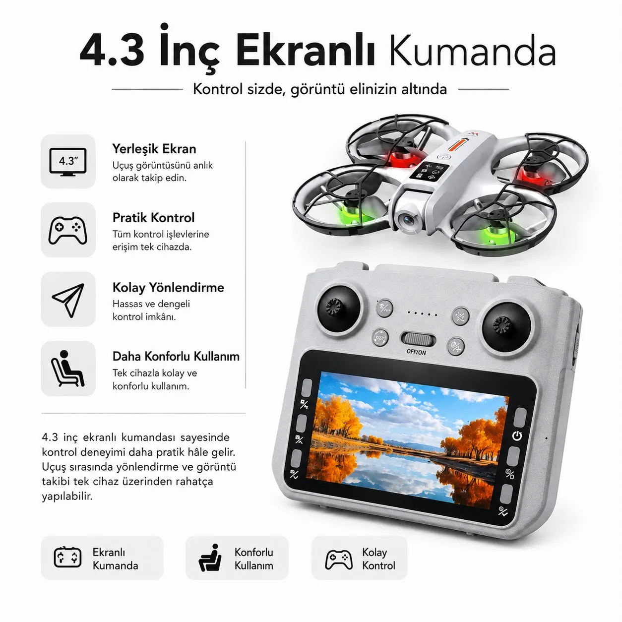 Aerial Mini Drone – 1080P, 4.3 İnç Ekranlı Kumanda – ürün görseli 3