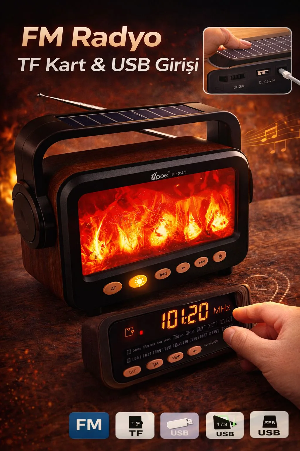 Ateş Efektli Bluetooth Hoparlör – Solar Şarj, FM – ürün görseli 5