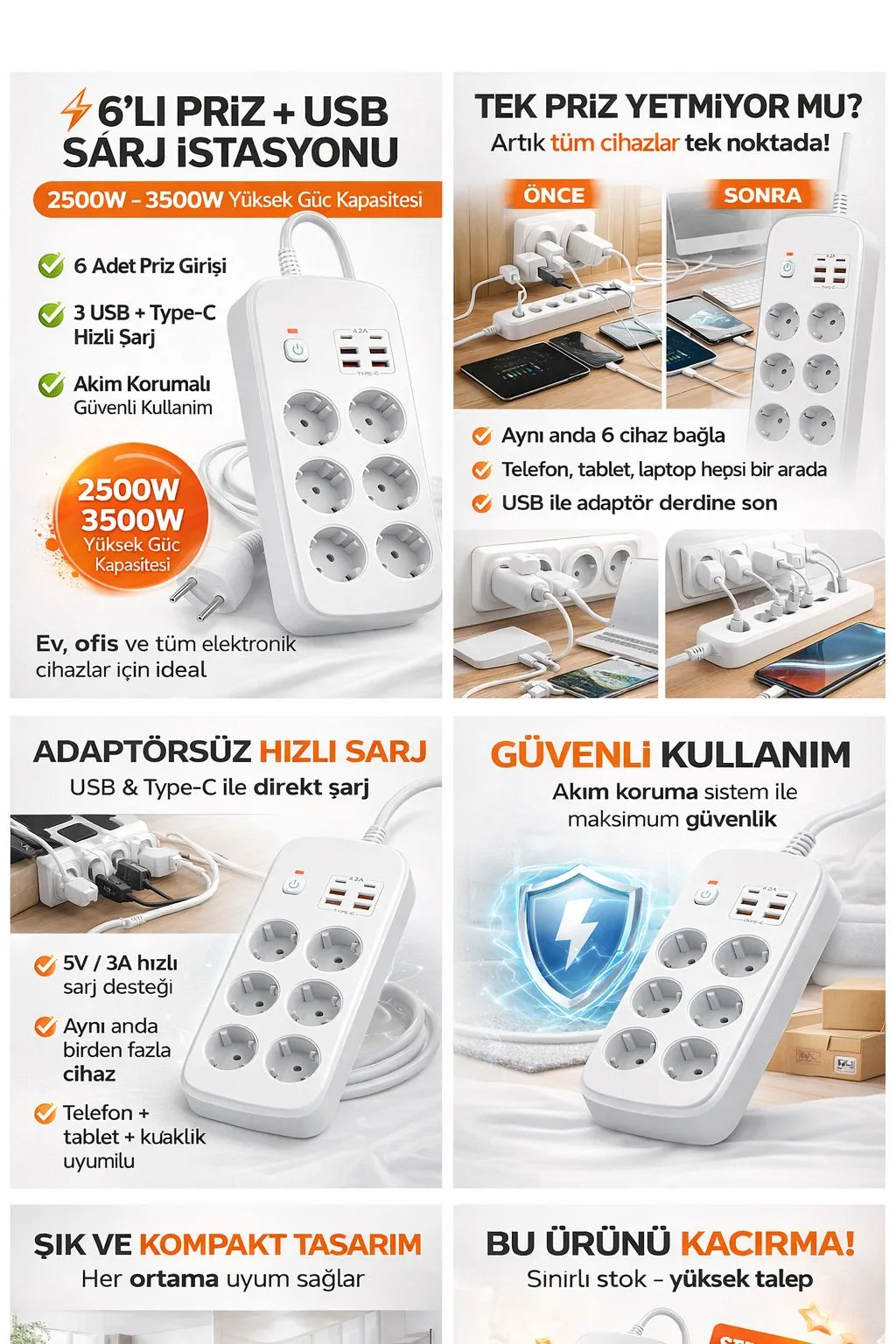 6’lı Akım Korumalı Priz – USB, Type-C, 3500W – ürün görseli 8