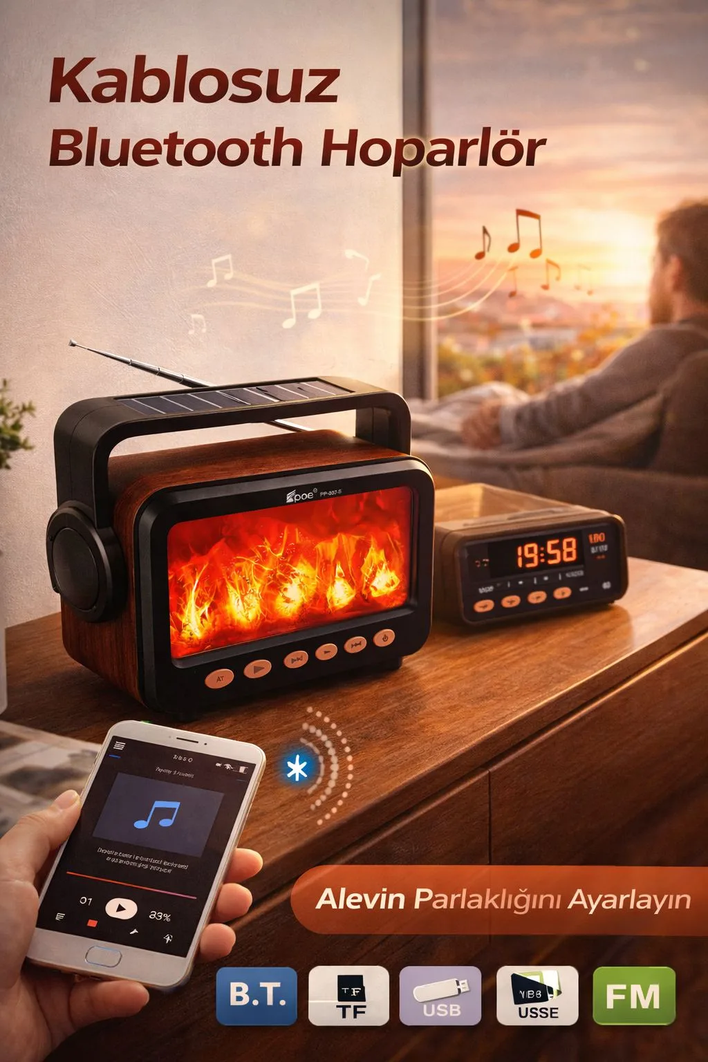 Ateş Efektli Bluetooth Hoparlör – Solar Şarj, FM – ürün görseli 4