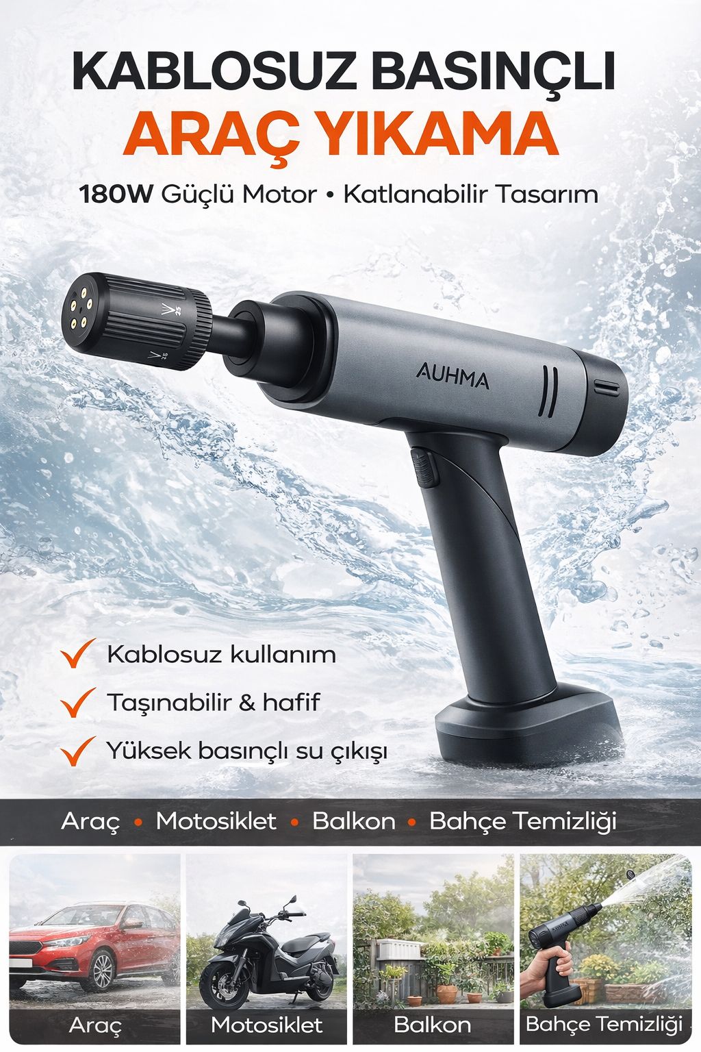 Kablosuz Basınçlı Araç Yıkama Makinesi 180W Taşınabilir Şarjlı Oto Yıkama Tabancası