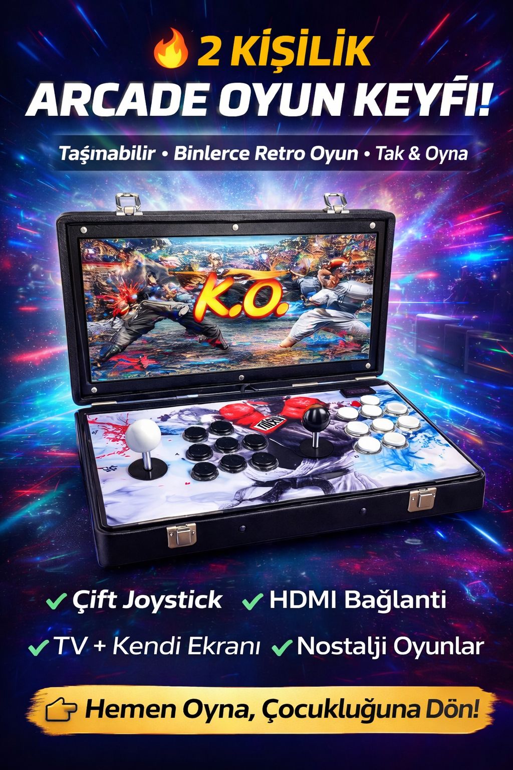 Arcade Oyun Konsolu 2 Kişilik Joystick HDMI Retro Atari Oyun Makinesi Taşınabilir