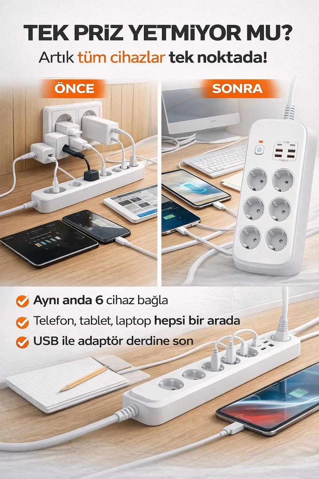 6’lı Akım Korumalı Priz – USB, Type-C, 3500W – ürün görseli 9