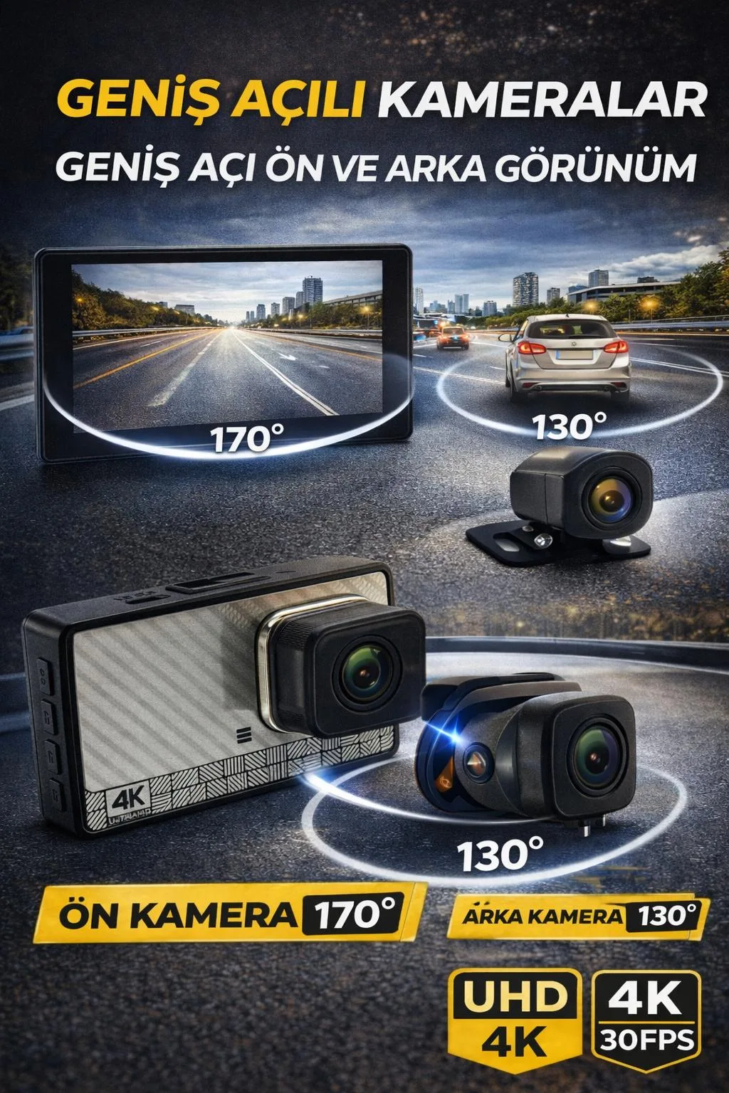 4K Ön Arka Araç Kamerası – WiFi, HDR, 170° – ürün görseli 4