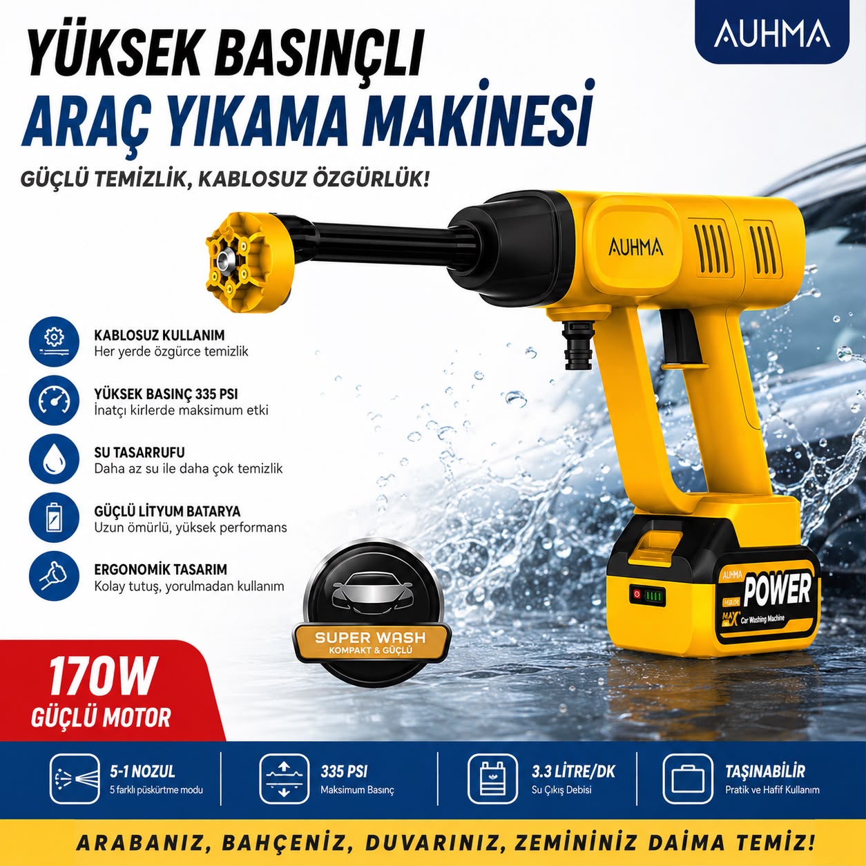 Auhma Şarjlı Kablosuz Basınçlı Araç Yıkama Makinesi 335 PSI 170W 5 Nozullu