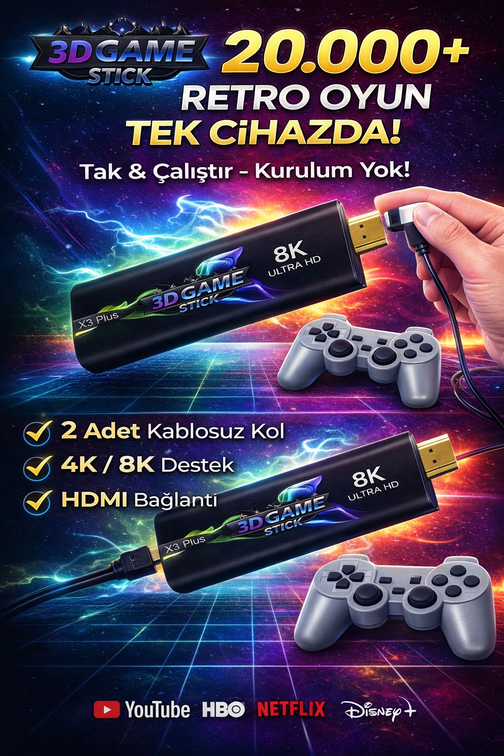 3D Game Stick 20000 Oyunlu Retro Oyun Konsolu HDMI Tak Çalıştır 2 Kollu