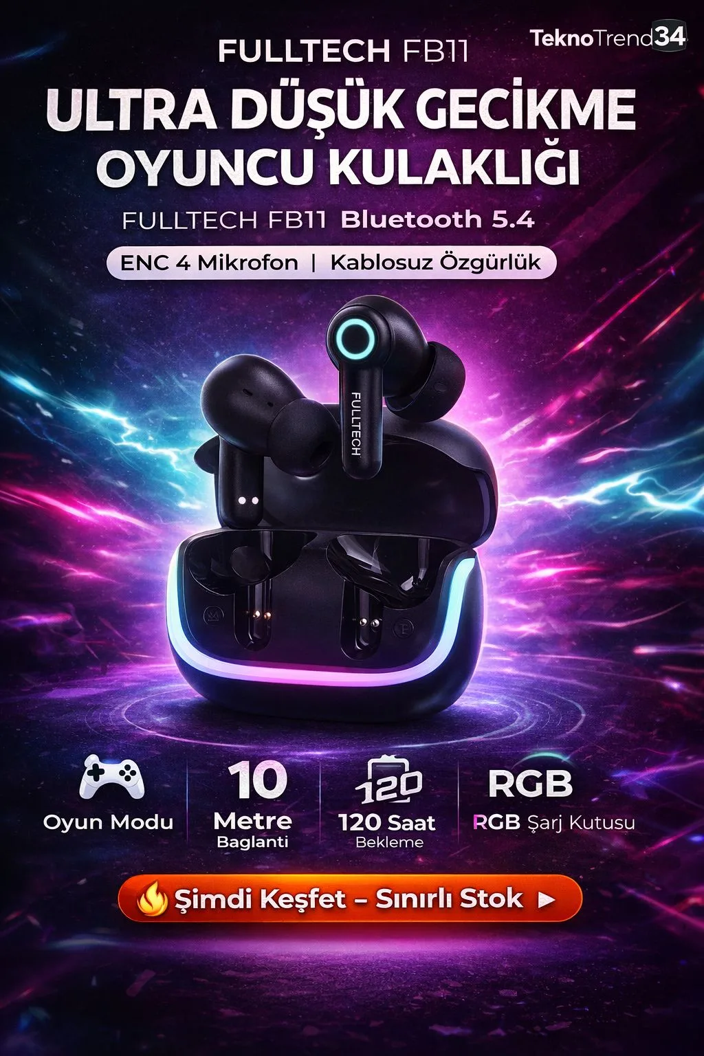 Gaming TWS Bluetooth Kulaklık – Düşük Gecikme, RGB
