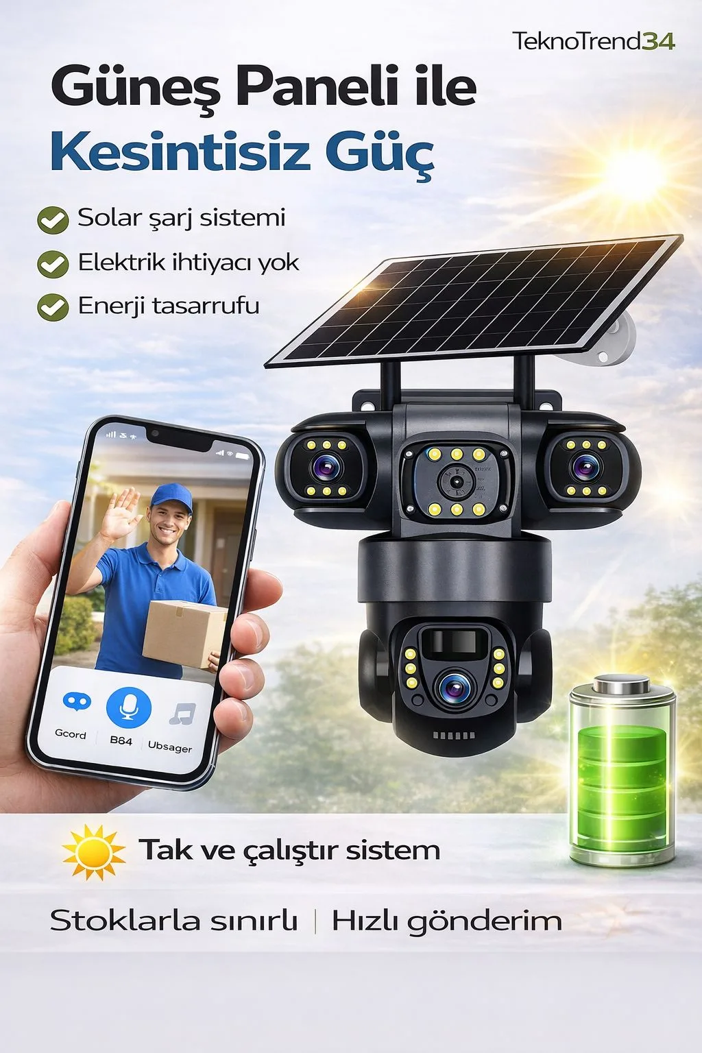 Solar Dış Mekân Güvenlik Kamerası – WiFi, 360° – ürün görseli 5