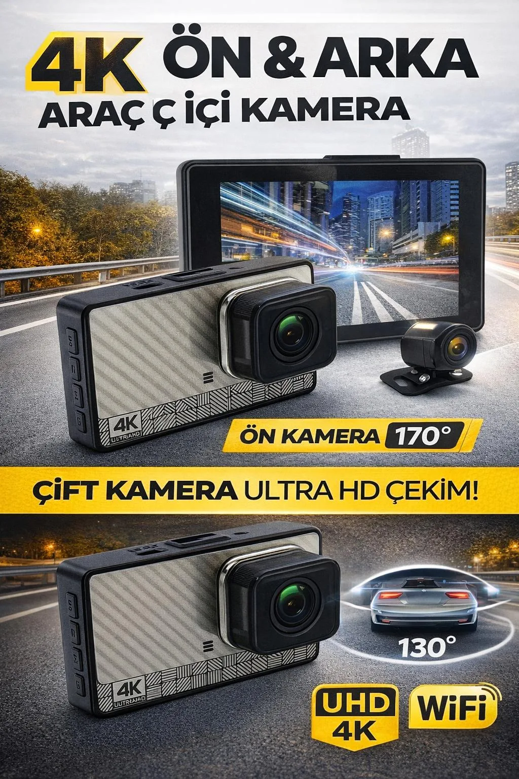 4K Ön Arka Araç Kamerası – WiFi, HDR, 170° – ürün görseli 3