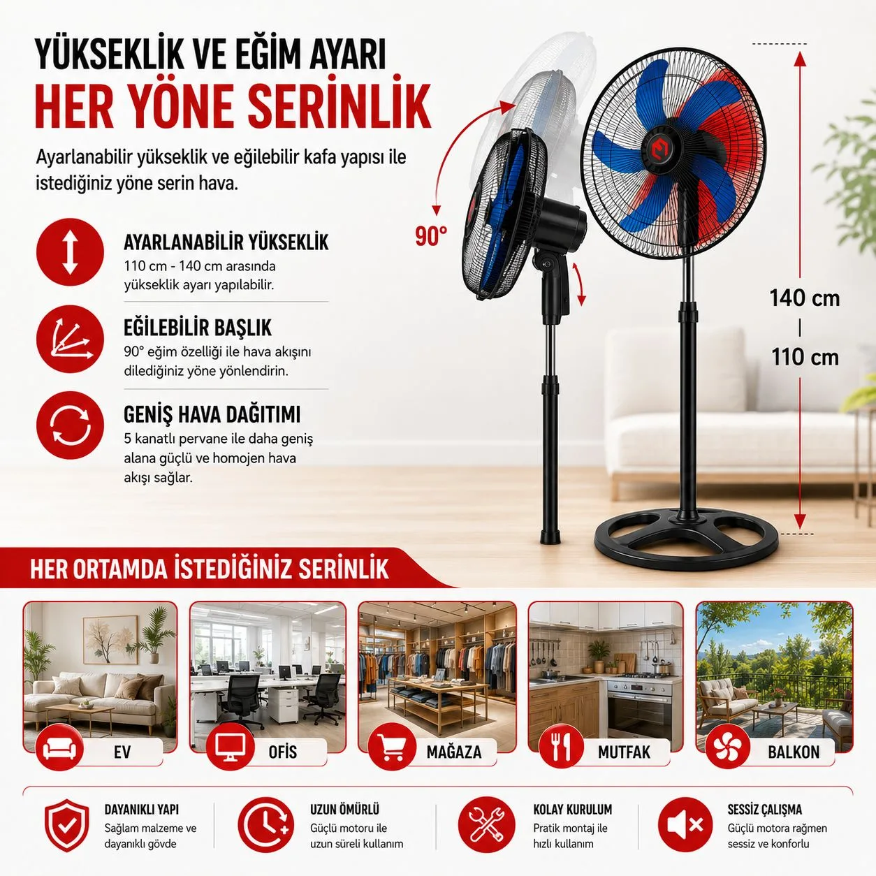 5 Kanatlı Ayaklı Vantilatör – Sessiz, 3 Kademe – ürün görseli 3
