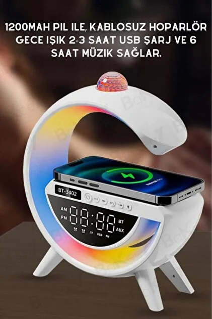 1200 mAh bataryalı kablosuz şarjlı bluetooth hoparlör ve LED gece lambası