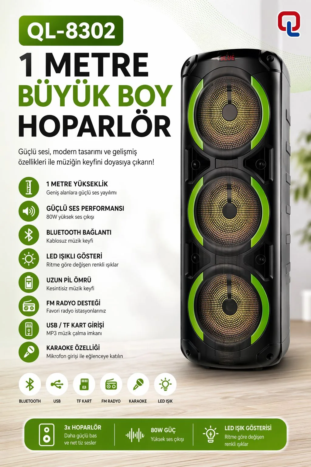 QL-8302 1 Metre Karaoke Bluetooth Hoparlör – LED