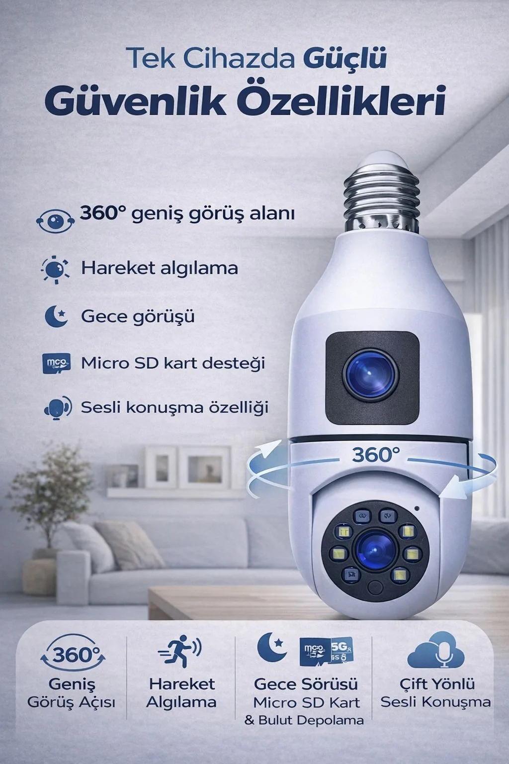 E27 Ampul Güvenlik Kamerası – WiFi, 360°, Gece Görüş – ürün görseli 3