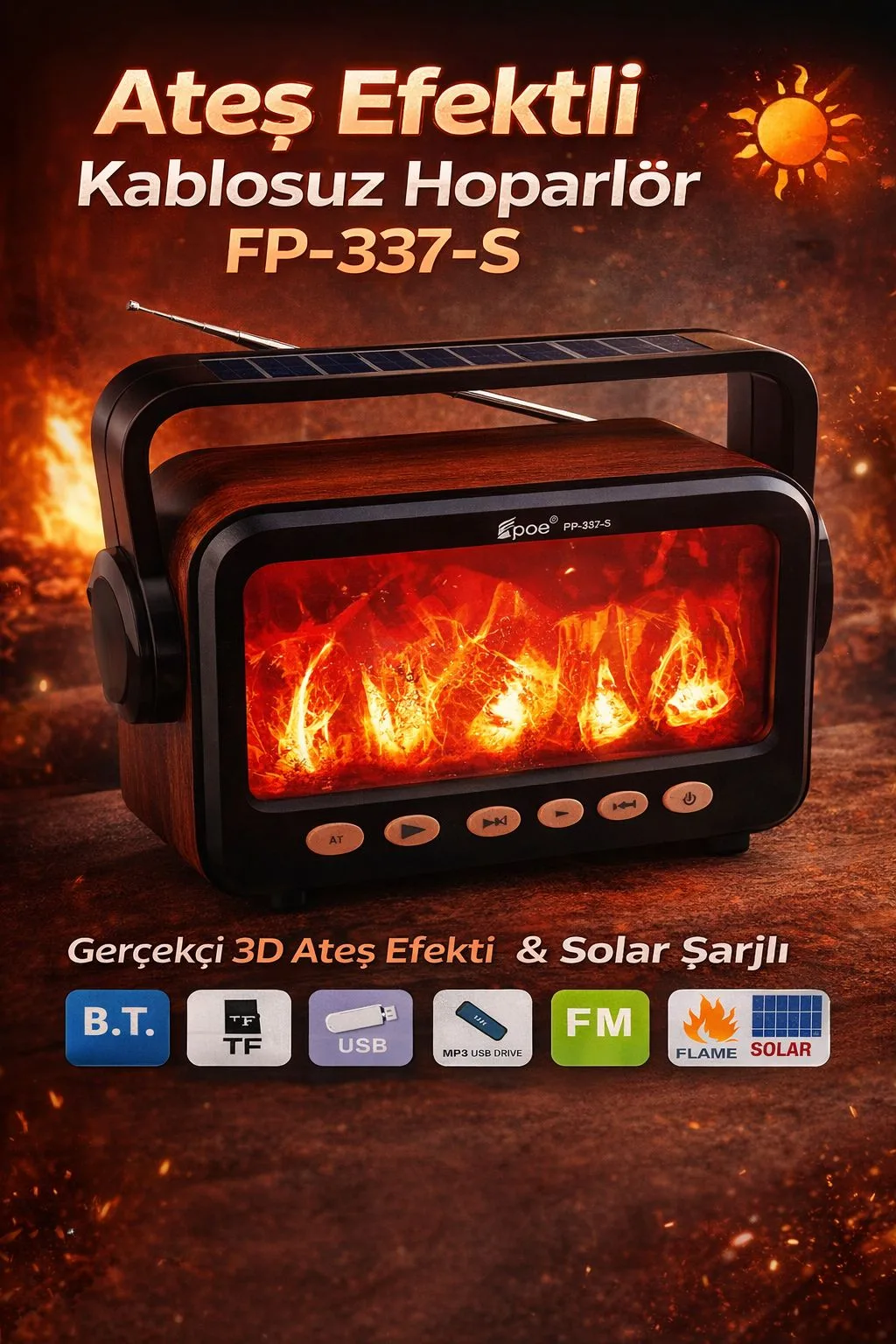 Ateş Efektli Bluetooth Hoparlör – Solar Şarj, FM