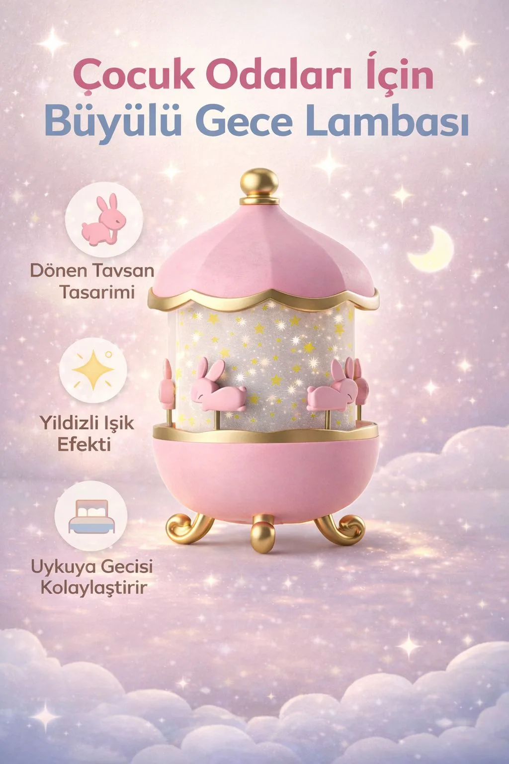 Tavşan Tasarımlı Çocuk Gece Lambası – Yıldız Işıklı