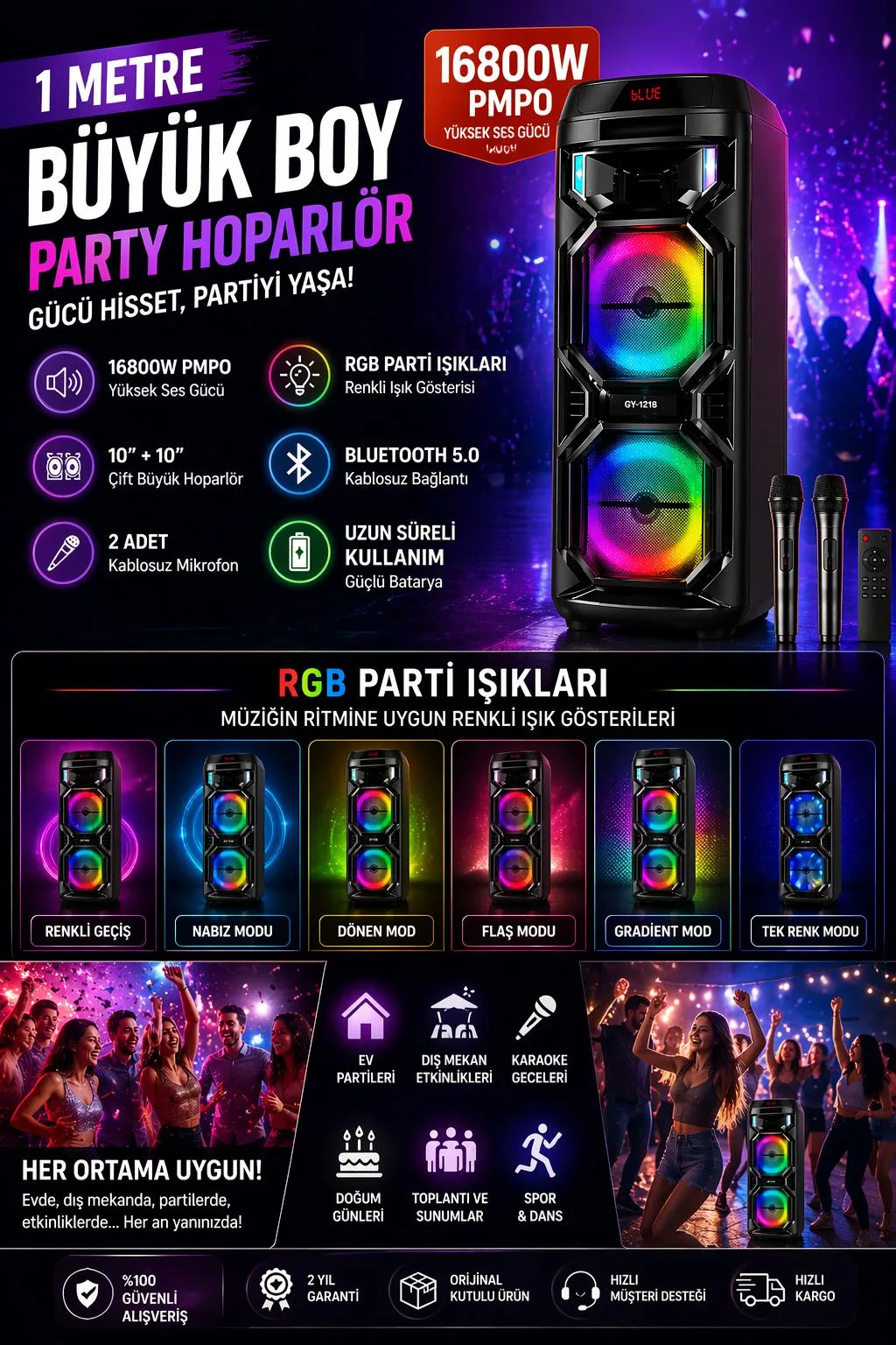 GY-1218 100 cm Party Hoparlör – Mikrofonlu, RGB – ürün görseli 2