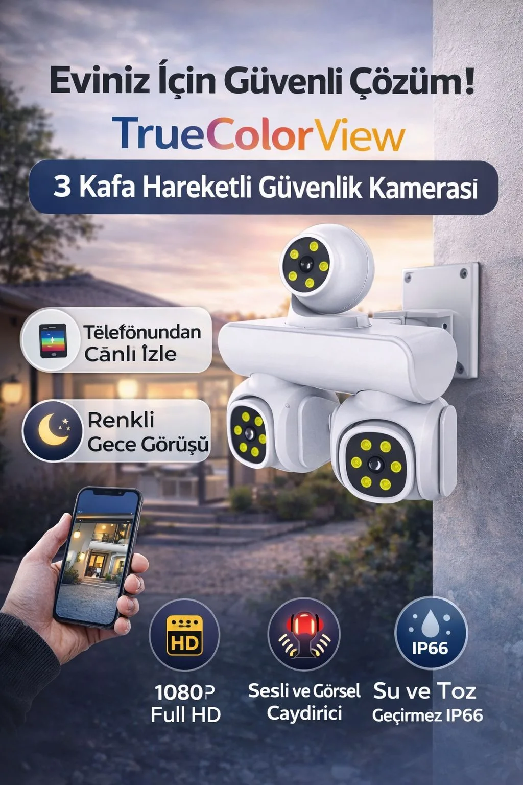 3 Lensli 1080P WiFi Güvenlik Kamerası – IP66