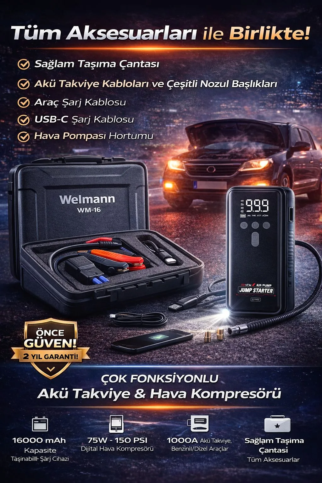 16.000mAh Akü Takviye Cihazı – 1000A, 12V, Kompresör – ürün görseli 5