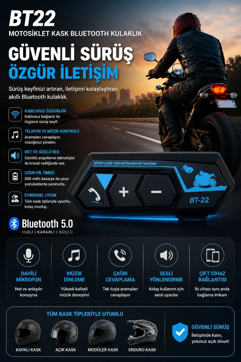 Motosiklet Kask Bluetooth Kulaklık – Bluetooth 5.0