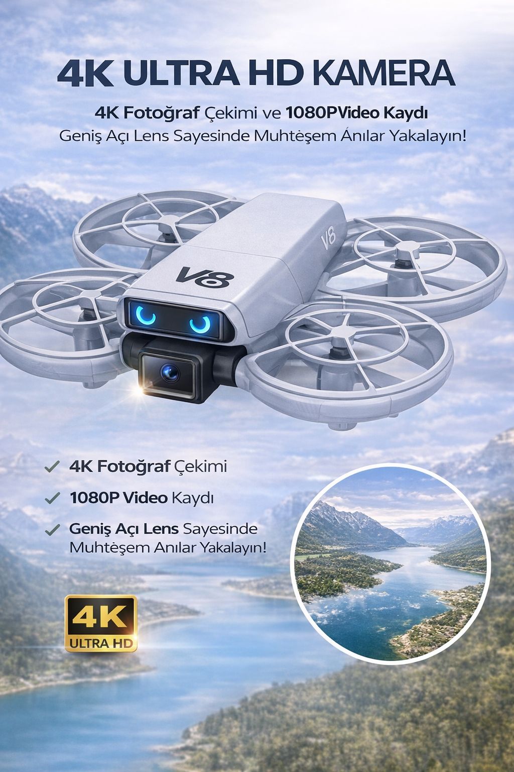 V8 Mini Drone 4K Kamera 30 Dakika Uçuş Katlanabilir Uzaktan Kumandalı Drone