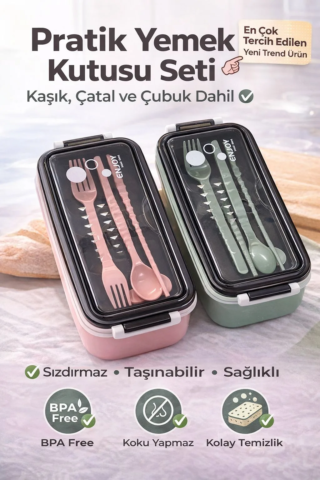 Sızdırmaz Yemek Kutusu Seti – Çatal, Kaşık ve Çubuklu