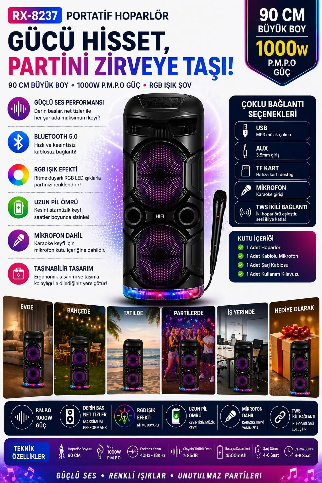 RX-8237 90 cm Karaoke Bluetooth Hoparlör – RGB – ürün görseli 5