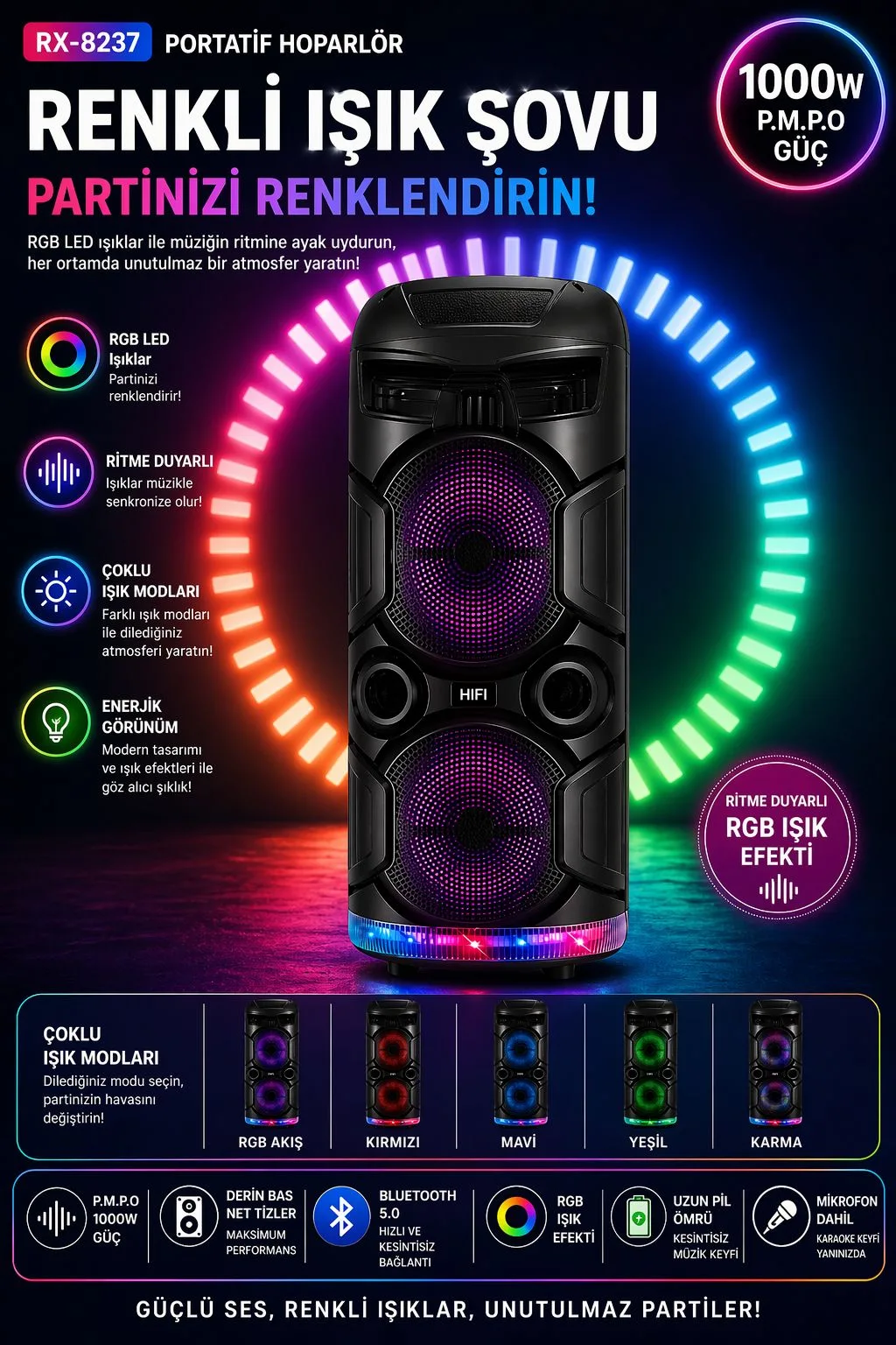 RX-8237 90 cm Karaoke Bluetooth Hoparlör – RGB – ürün görseli 3