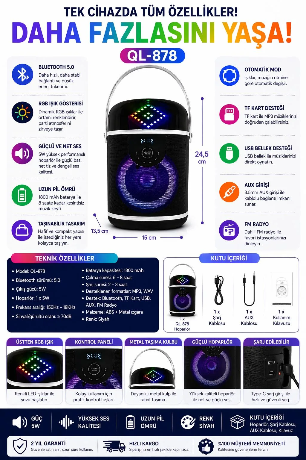 QL-878 Bluetooth Hoparlör – RGB, FM, USB, AUX – ürün görseli 4